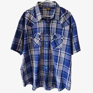 Vintage Holt Western 4XL Mens Pearl Snap Dress Shirt Blue Plaid Short Sleeve